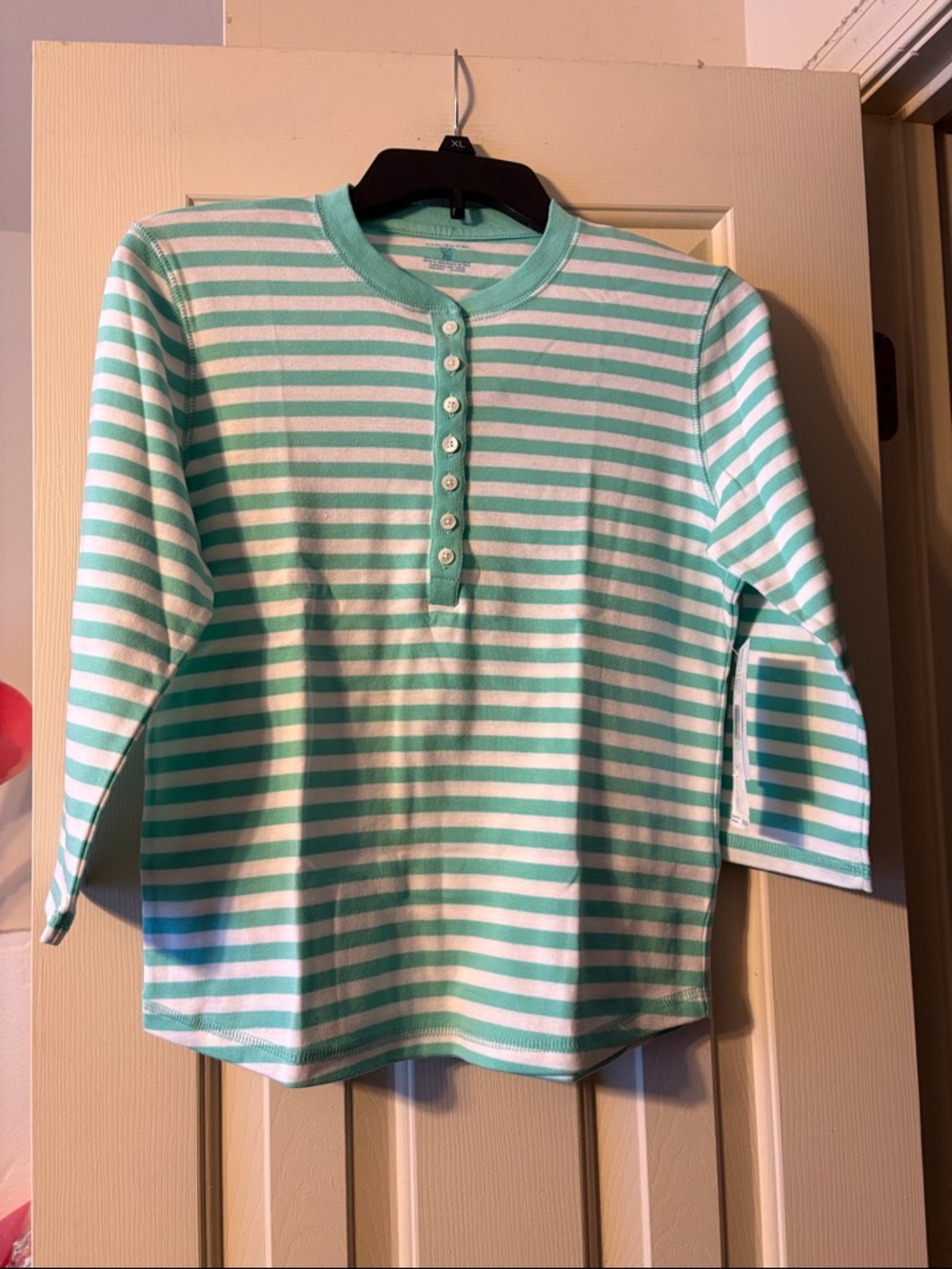 Jones New York Petite Mint and White Striped Henley Style Top Size SP